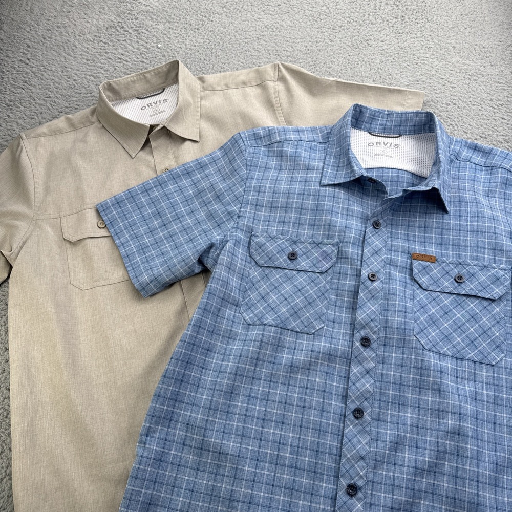 Orvis Button Down Shirt Mens Medium Gray Blue Plaid Solid 2 Pack Short Sleeve